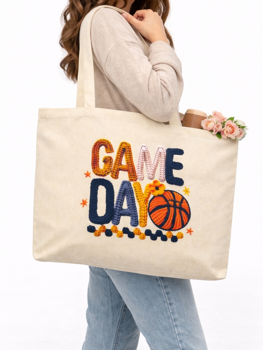 Canvas Game Day Tote Bag - Cream with Navy & Orange Embroidery